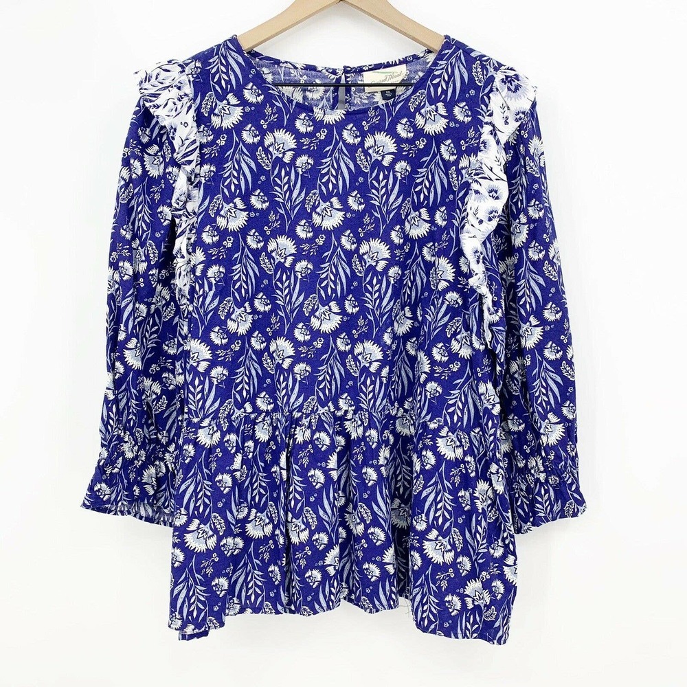 Universal Thread Floral Peplum Top Ruffle Sleeve Blue‎ XS Boho Cottagecore Chic